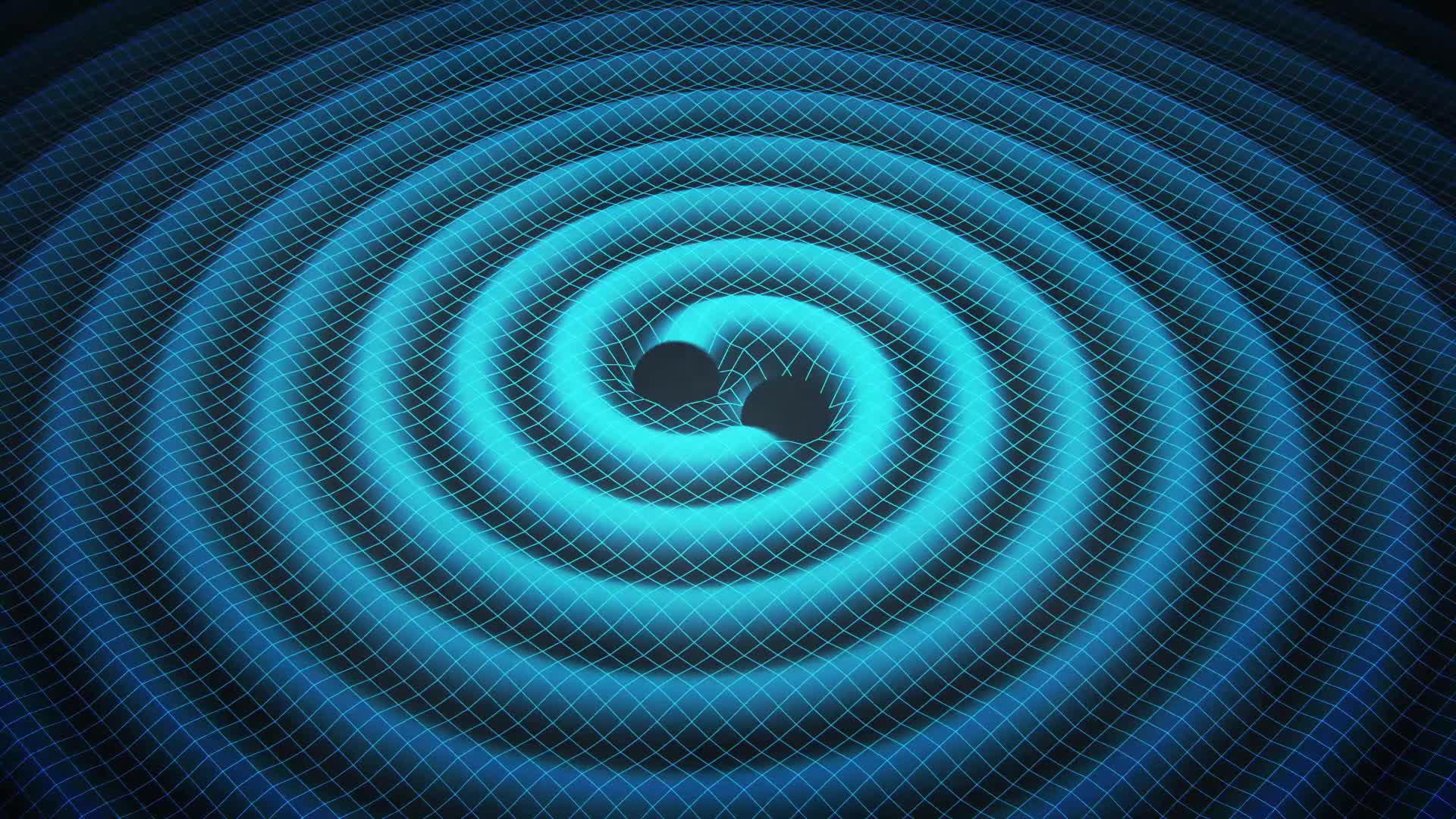 Artist’s impression of a gravitational wave. In this example, spacetime is perturbed by the motion of two black holes rotating around each other (Credit: Swinburne Astronomy Productions)
