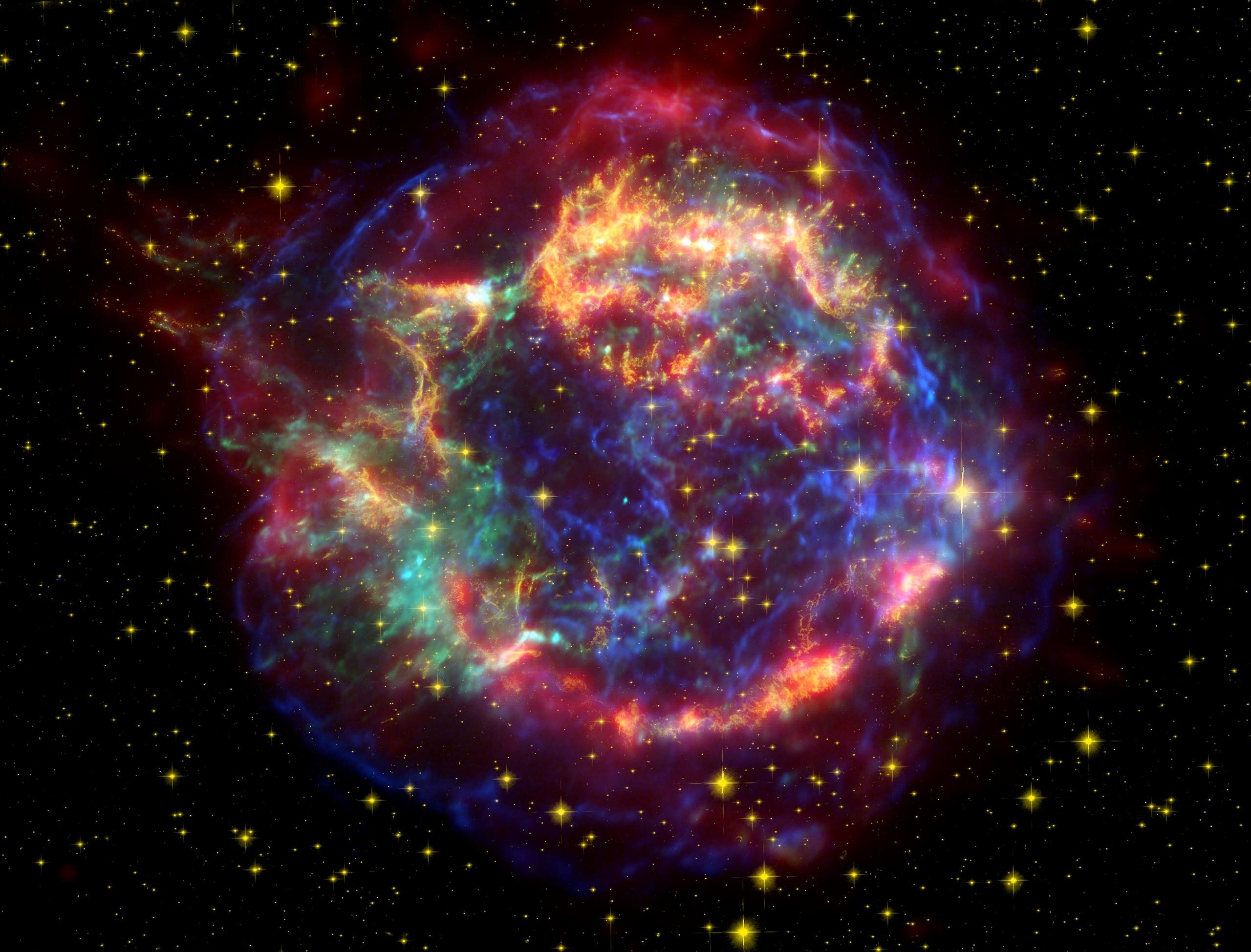 Coloured image of Cassiopeia A based on data from the space telescopes Hubble, Spitzer en Chandra. Credit: NASA/JPL-Caltech