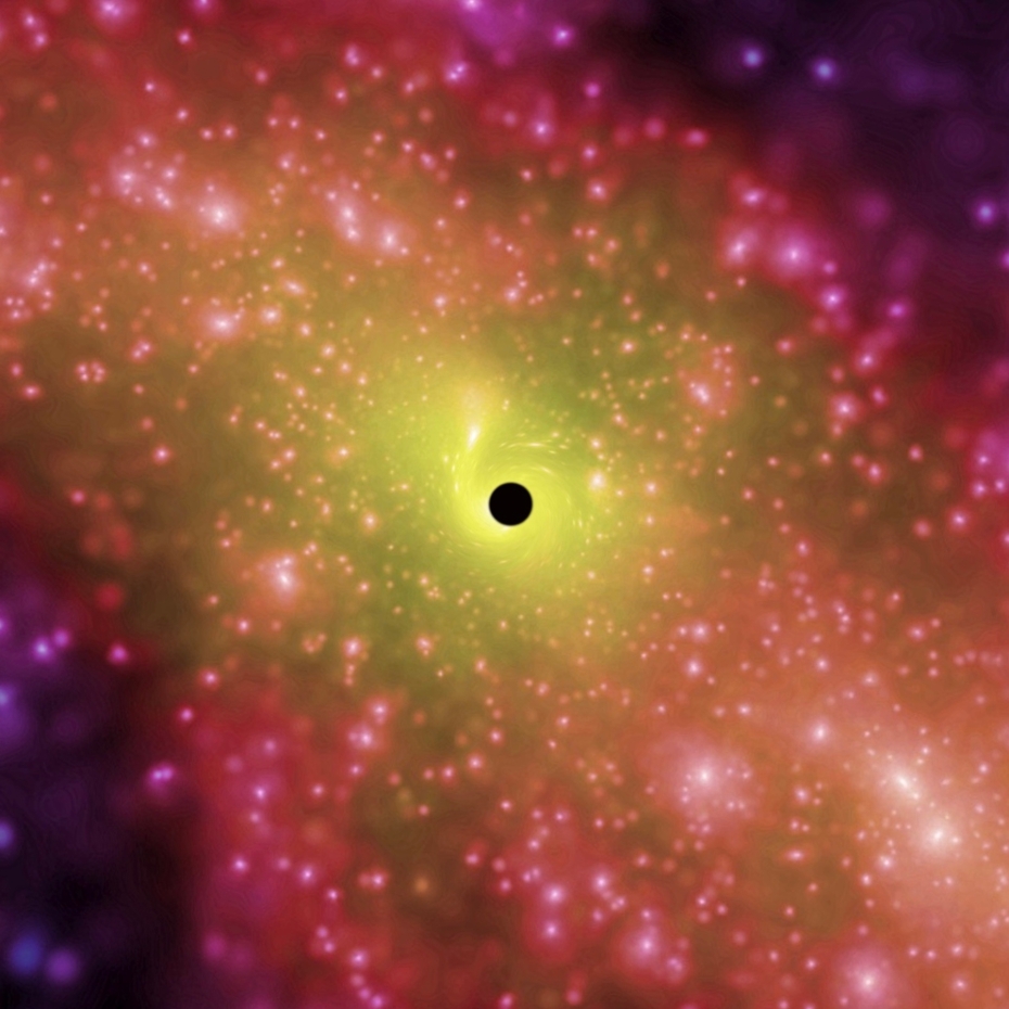 Artist's impression of a black hole surrounded by dark matter. Credit: G. Bertone; background image adapted from the Millennium Run by Springel et al. (2004).