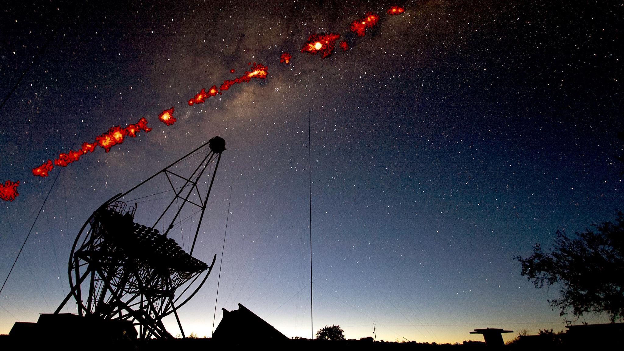 Gamma-rays as measured by the HESS array on the night sky over Namibia, with one of the small HESS telescopes in the foreground.