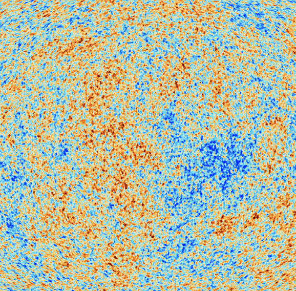 Temperature fluctuations in the cosmic microwave background as measured by the Planck satellite. The hot and cold spots in this map correspond to density variations in the matter 380 000 years after the Big Bang.