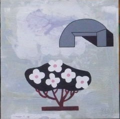 a grey Background. in Middleground a Tunnel, and in Foreground is a Bush with Flowers