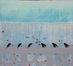 An Abstract Landscape, in the back is the Skyline of a City. A Concrete Fence with Bird Silhouettes is in the Front. Red/Orange Dots is covering the Surface 