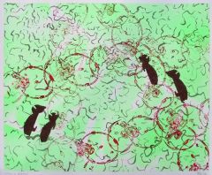 Green Background with paths. Small abstract Animals are looking at each other. Red round Forms are covering the Foreground