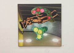 Scan of woman floating in a spaceship, with oil painted Peon Flowers. 