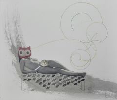 Collage of a woman with a mask lying on a couch with a fan 