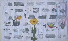 on a Grey Background is a Flower and two Birds