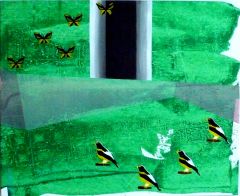 Green Canvas with a kind of Wall And birds on one side and Butterflies on the other