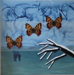 Landscape in blue. Three Butterflies and a Branch Form with Snow