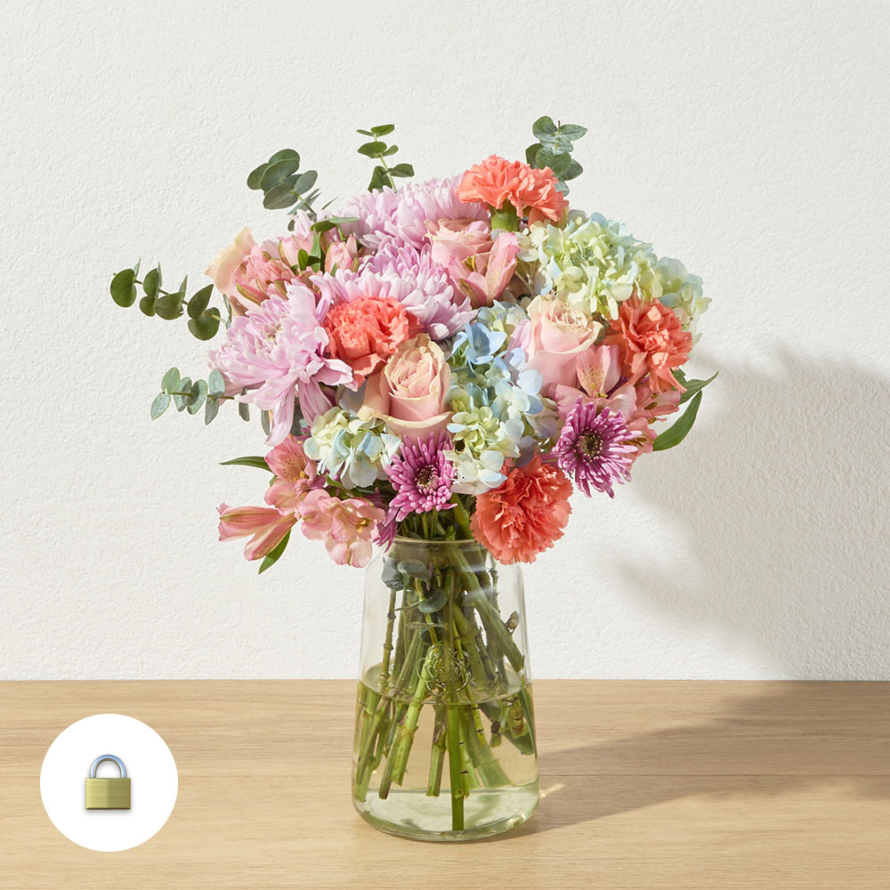 Colorful mixed bouquet with roses, hydrangea and eucalyptus