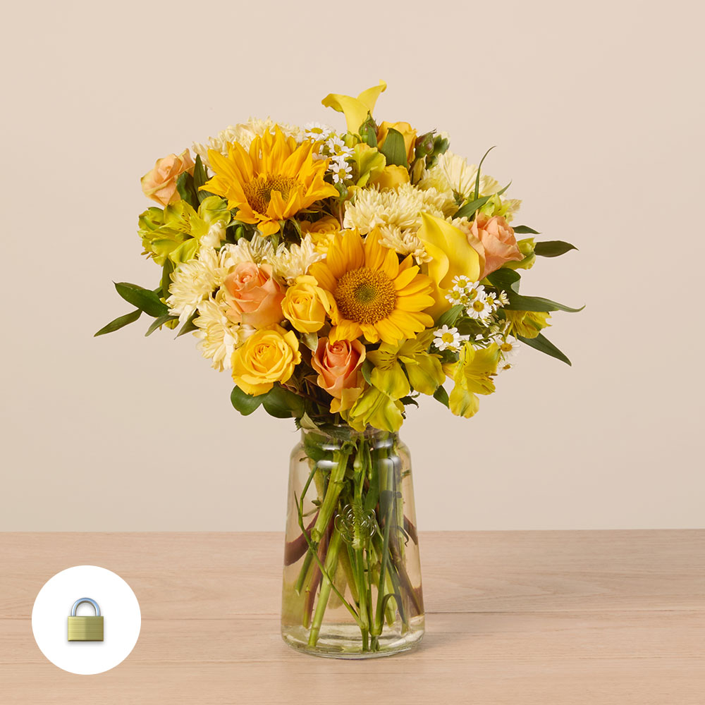 Yellow and peach bouquet with sunflowers, roses and alstroemeria