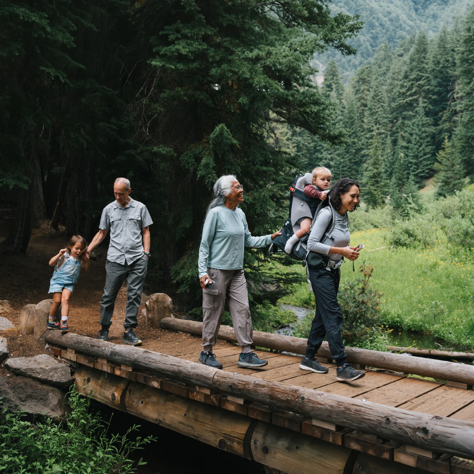 People walking across a wooden bridge on a forest trail during an outdoor hike.