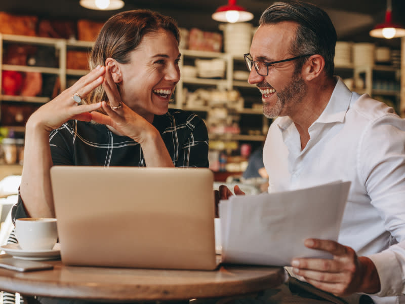 Smiling couple in cafe