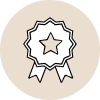 A badge icon on a circular Brown background