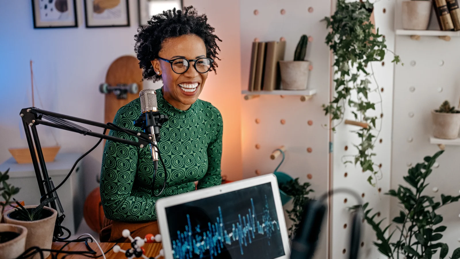 Woman recording a podcast episode.
