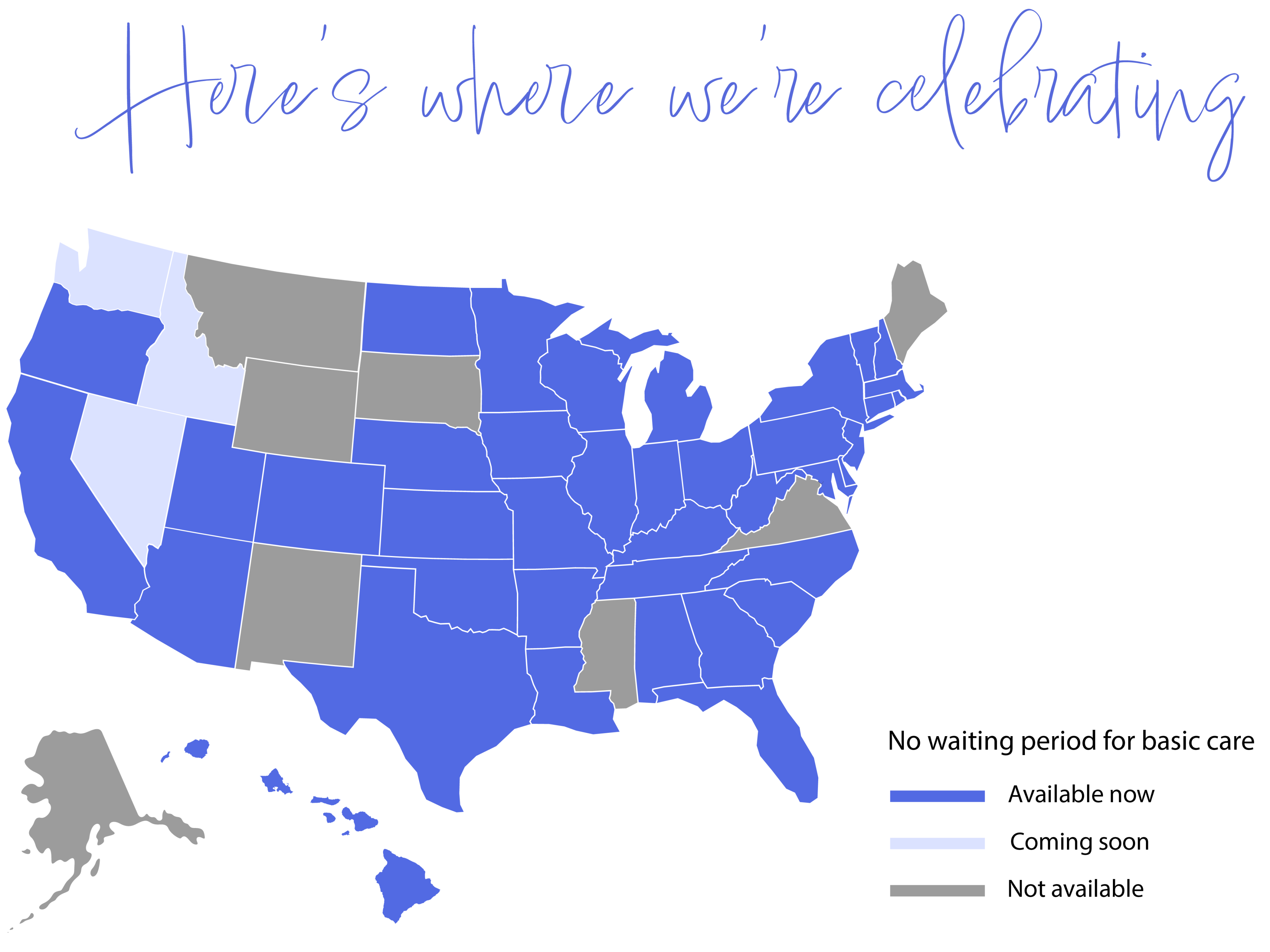 Map of United States where No Waiting Period plans are available (includes NY)