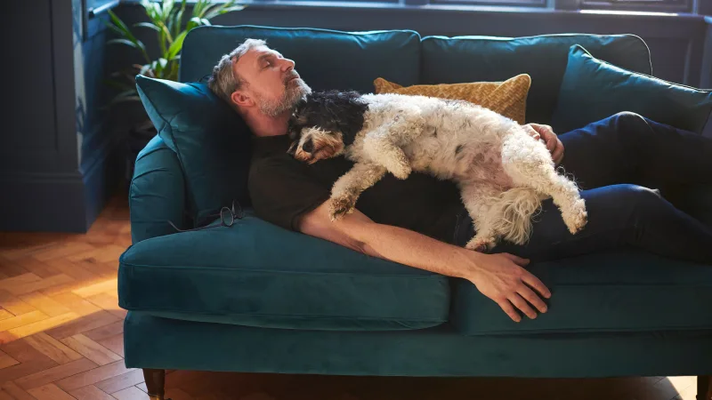 How to recover from burnout - Man napping on couch with dog