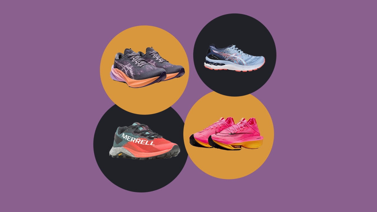 Eine Collage der vier besten Laufschuhe für Damen vor buntem Hintergrund
