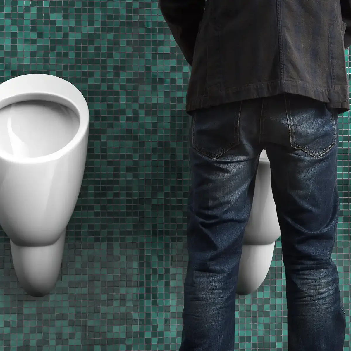 Man in front of a urinal.