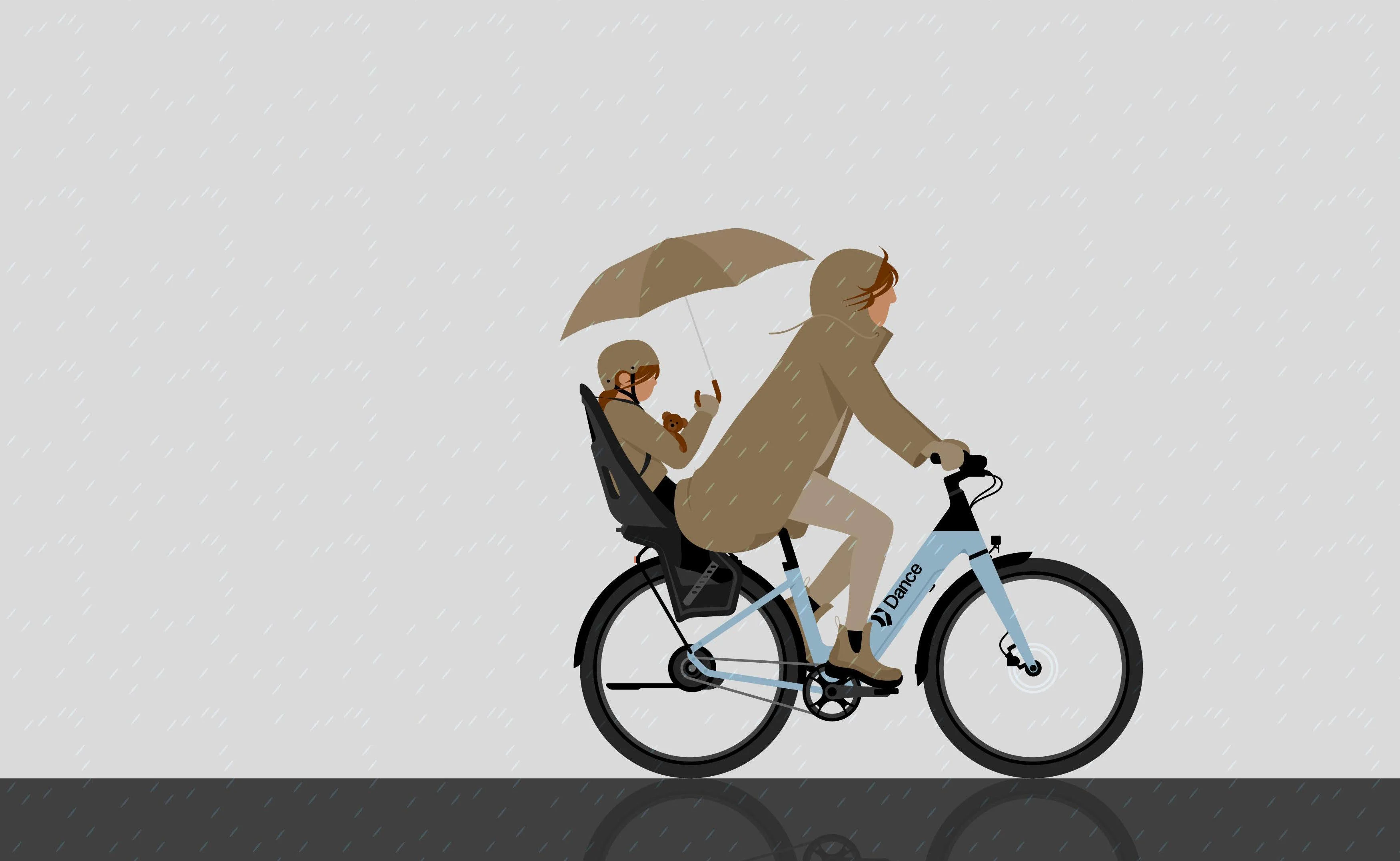 Illustration: woman + child cycling in the rain