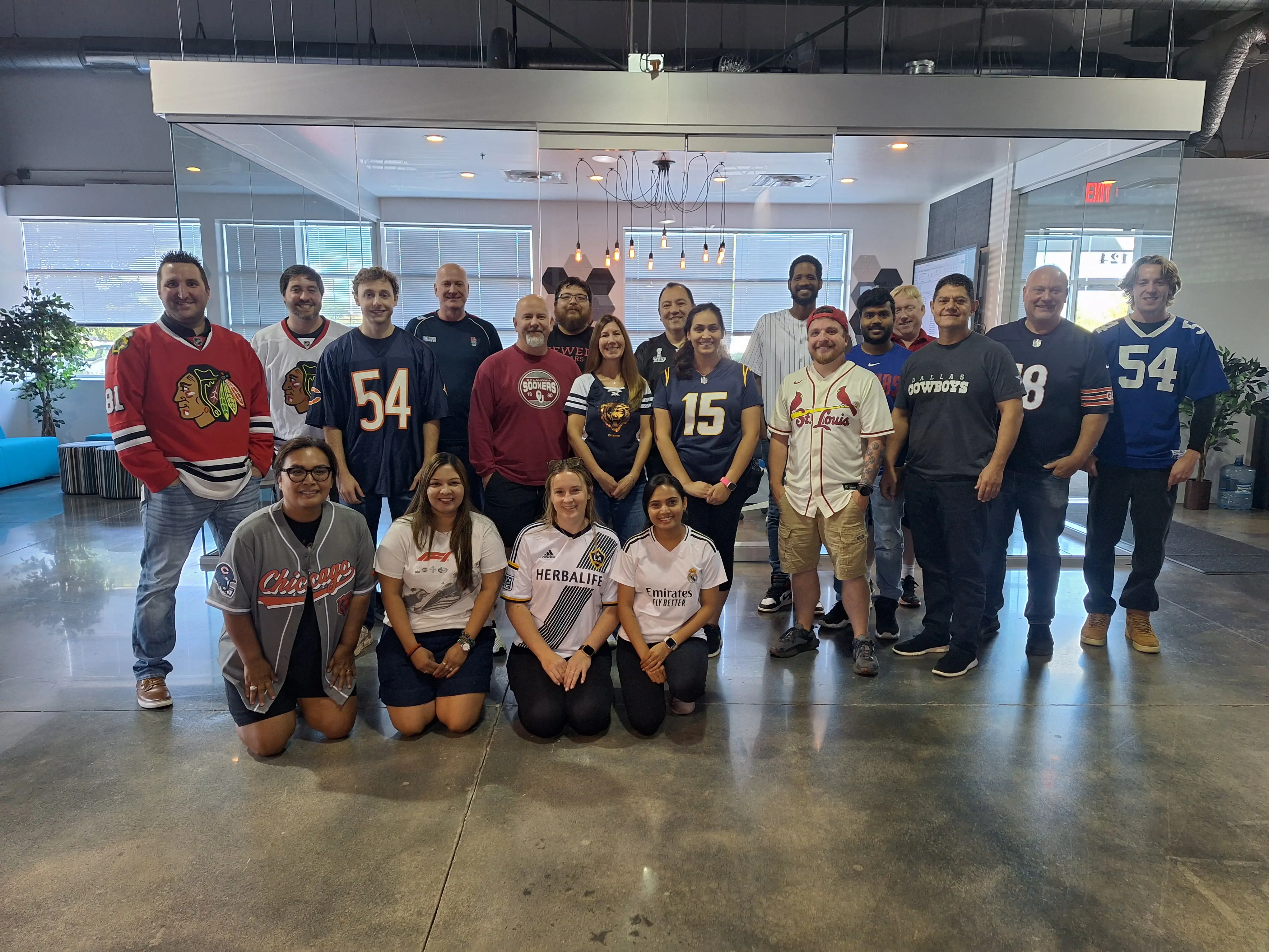 Naperville team proudly wearing their favorite sports jerseys for Spirit Week.