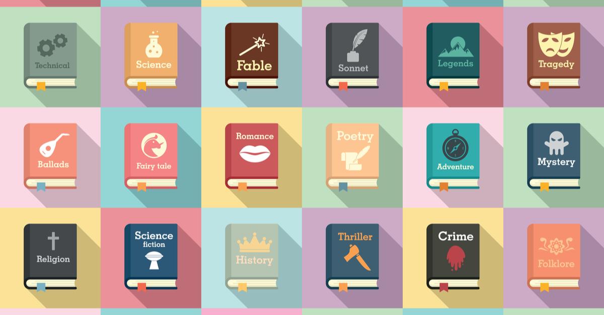 Icons of books listing different genres