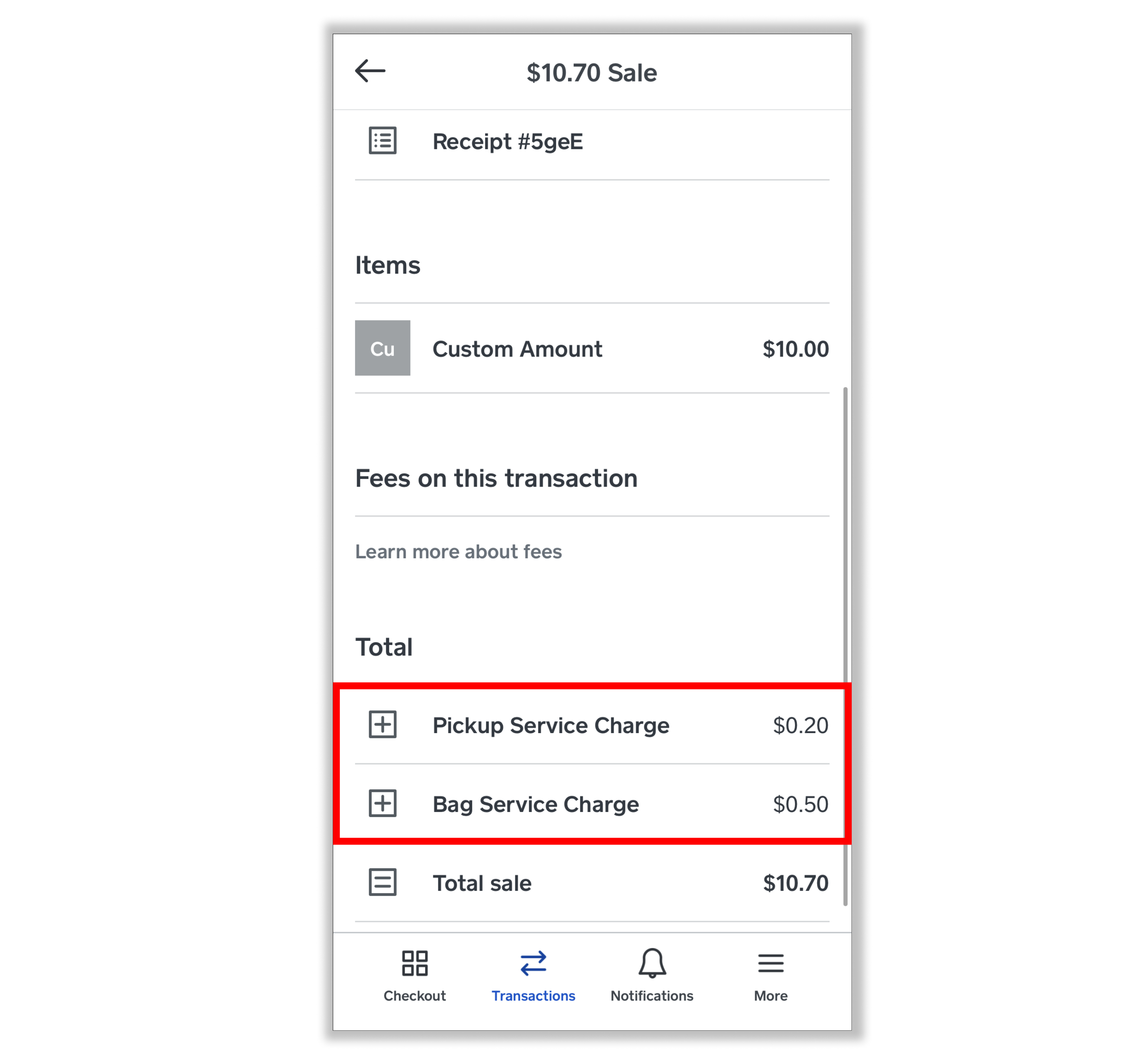 Service Charge POS App Receipt