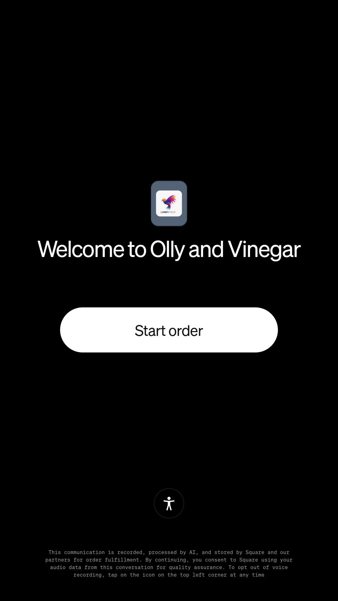 Square Kiosk Start order screen with the accessibility icon near the bottom.