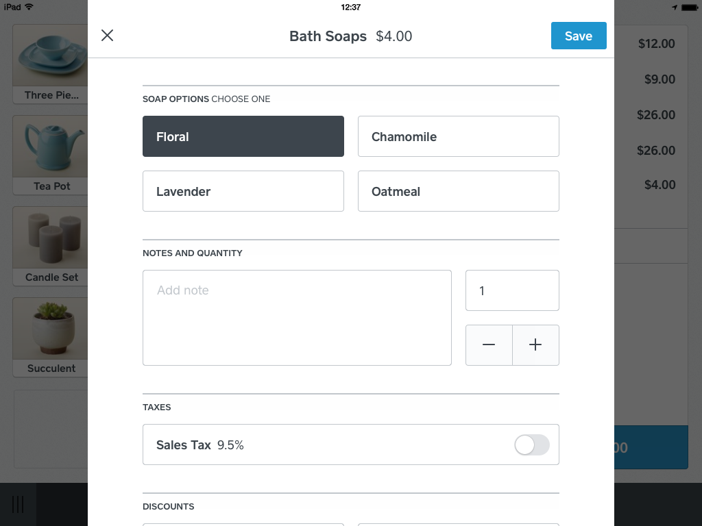 Item selected from sale: Choose modifier, add note, change quantity, toggle tax and discounts