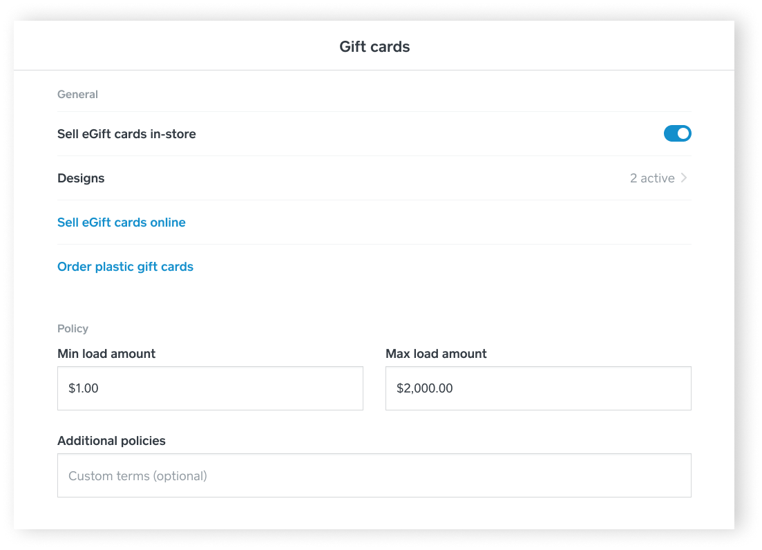 Gift Cards in Settings