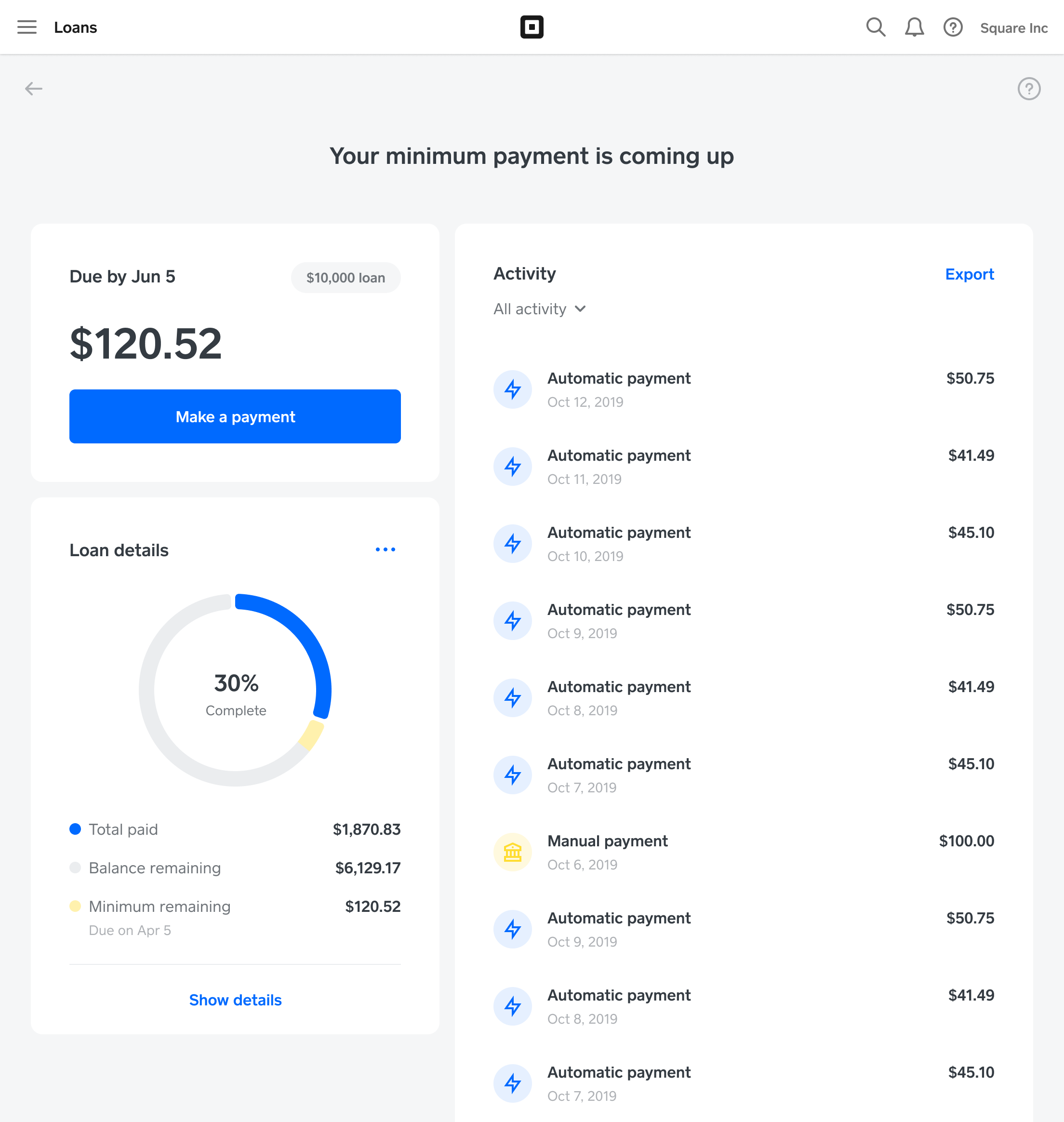 Square Loans Fixed Payback Rate and Minimum Payment Requirement