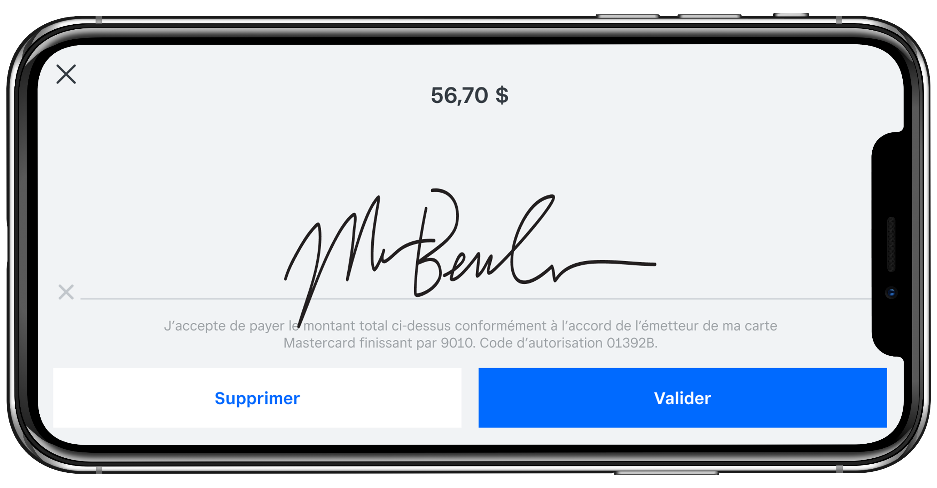 Signature Screen on iphone: X to cancel payment, tipping options, signature line, clear signature, done signing