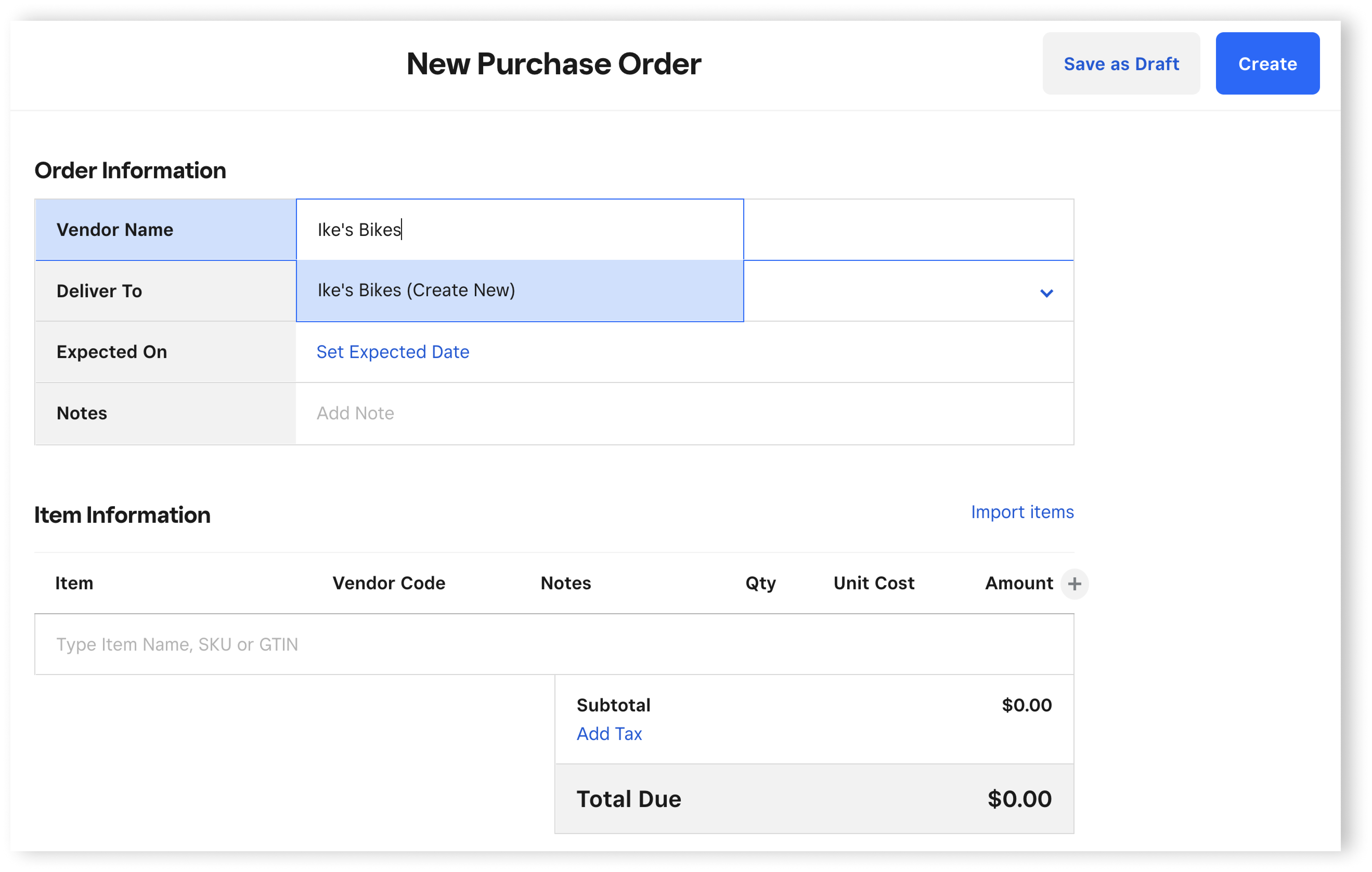 Create Vendor Purchase Order