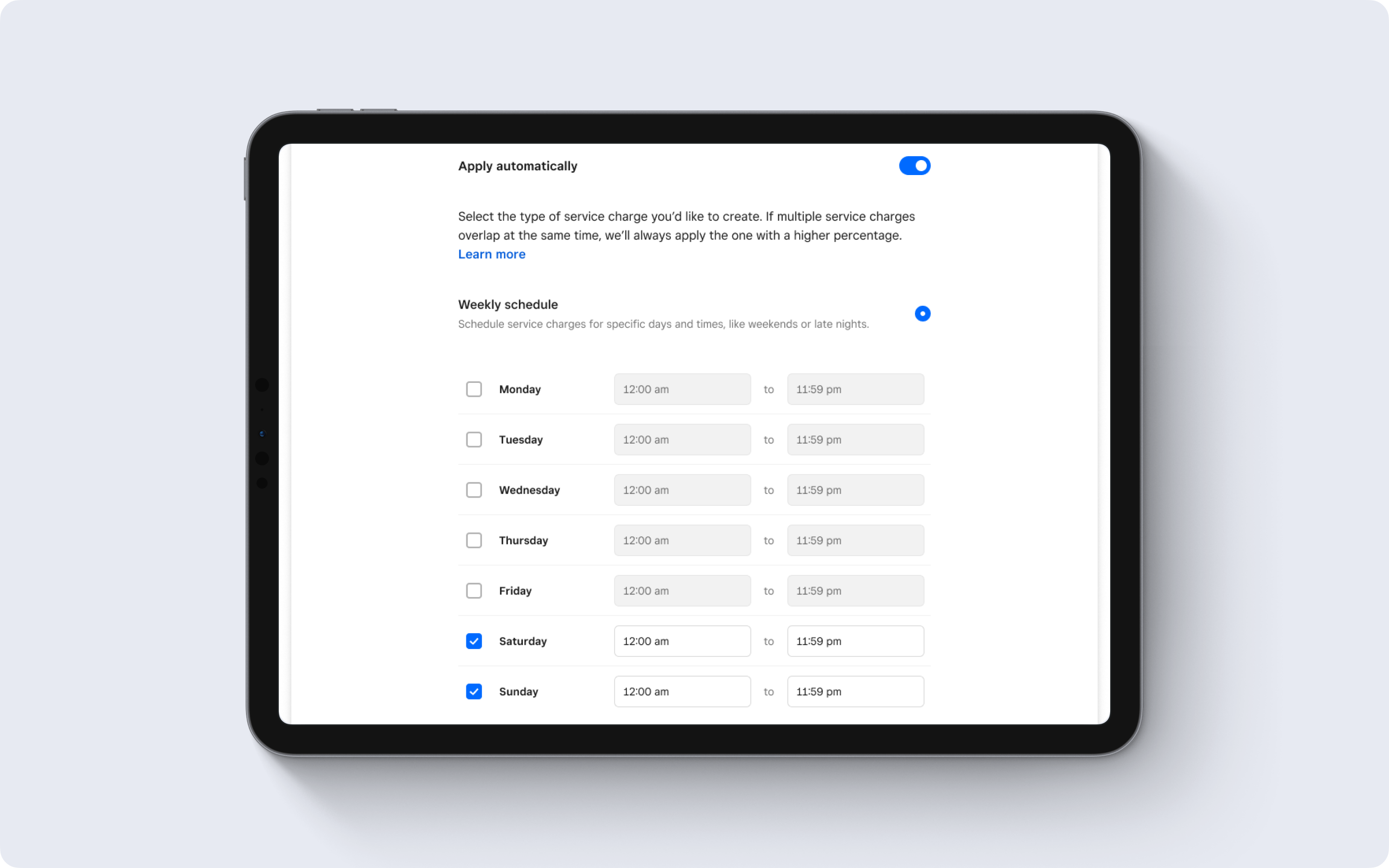 Square Dashboard - Settings - Create Weekly Service Charge - AU-en