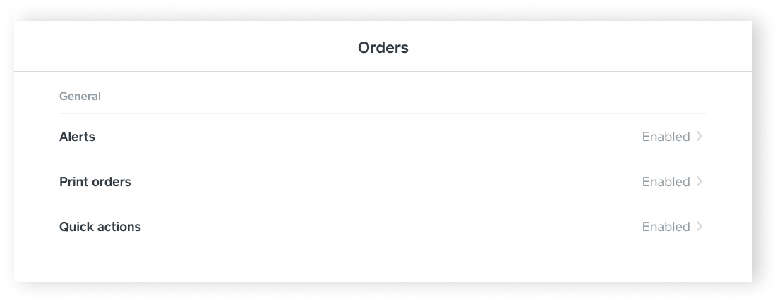 Orders in Settings