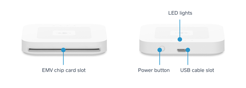 The location of the power button, chip card reader slot, and LED lights on the Square contactless and chip card reader.