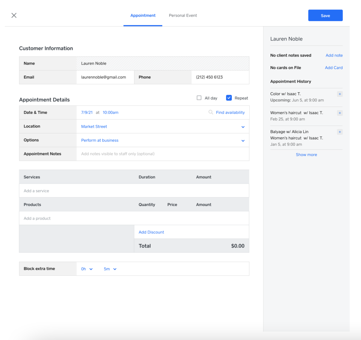 The schedule appointment view in your dashboard contains information on the client, appointment notes and time, staff, and services offered.