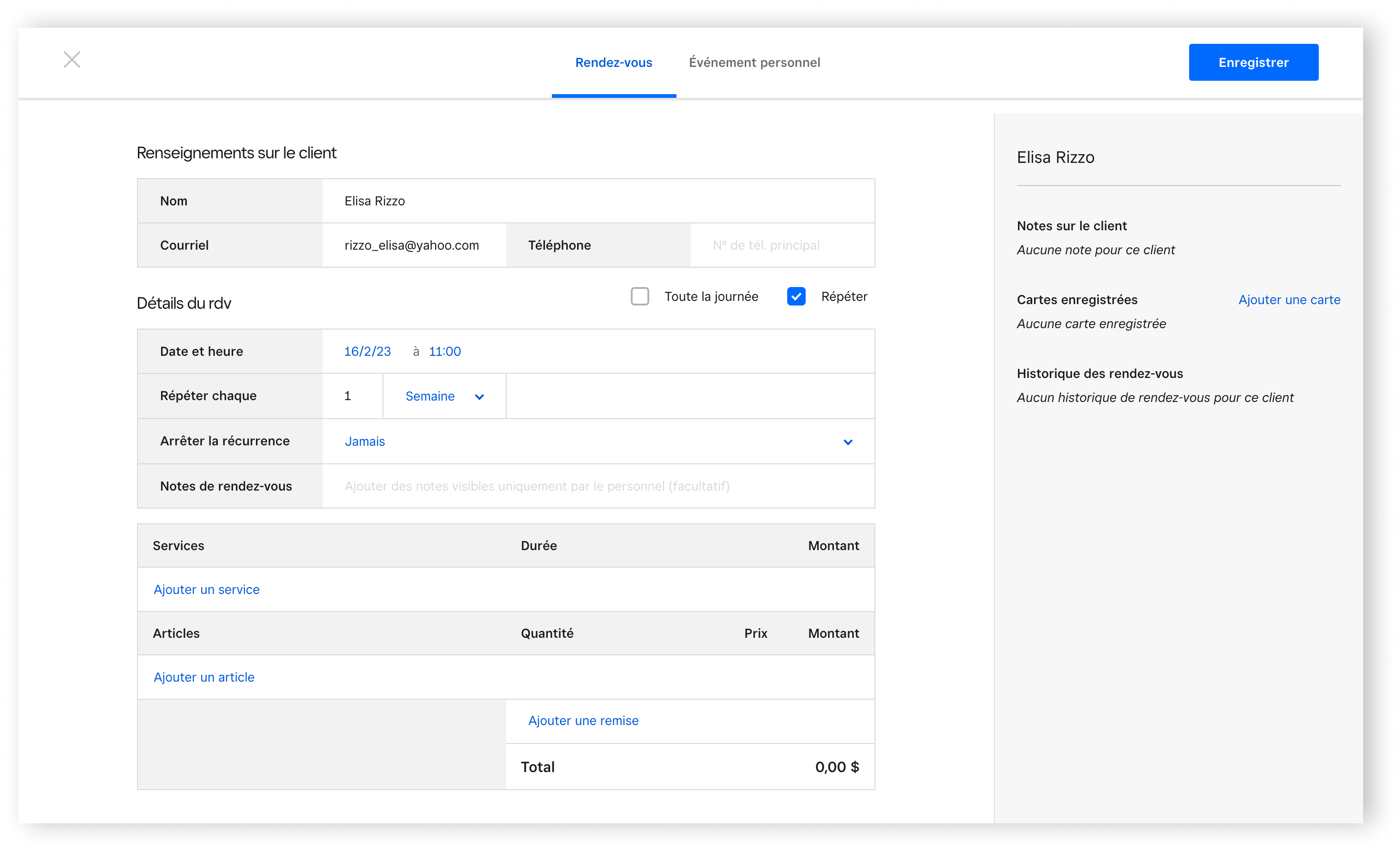 The schedule appointment view in your dashboard contains information on the client, appointment notes and time, staff, and services offered.
