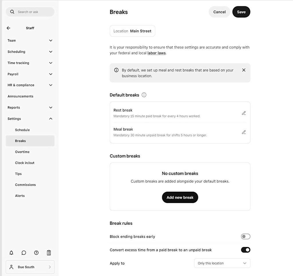 Screenshot of Breaks screen with Default breaks feature