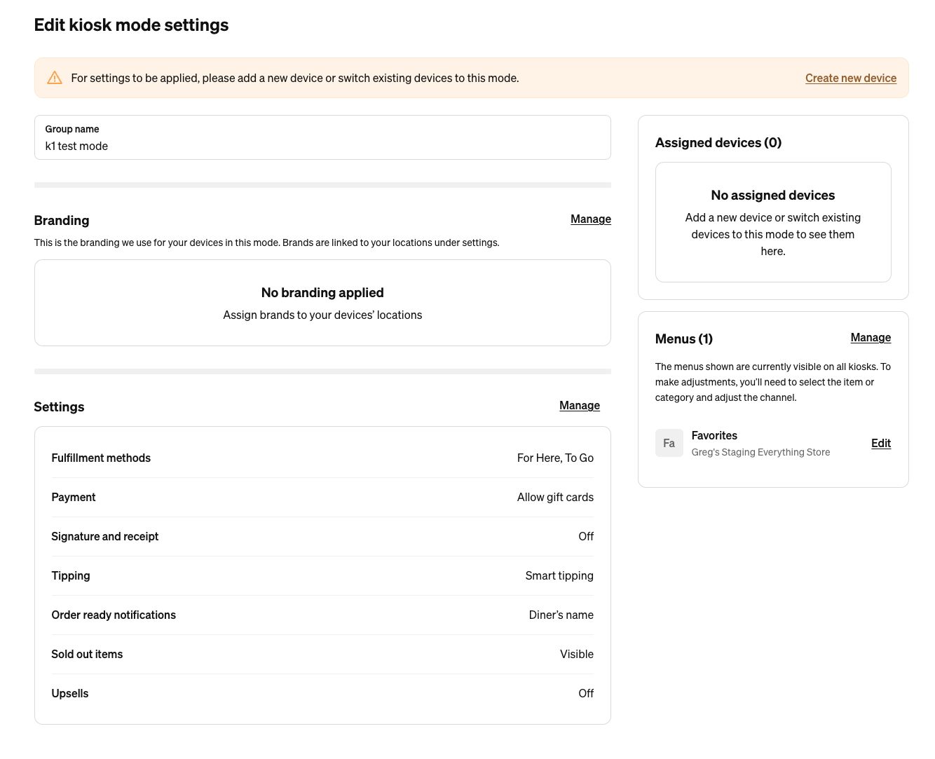 Square Dashboard kiosk mode settings showing tipping and order ready notifications