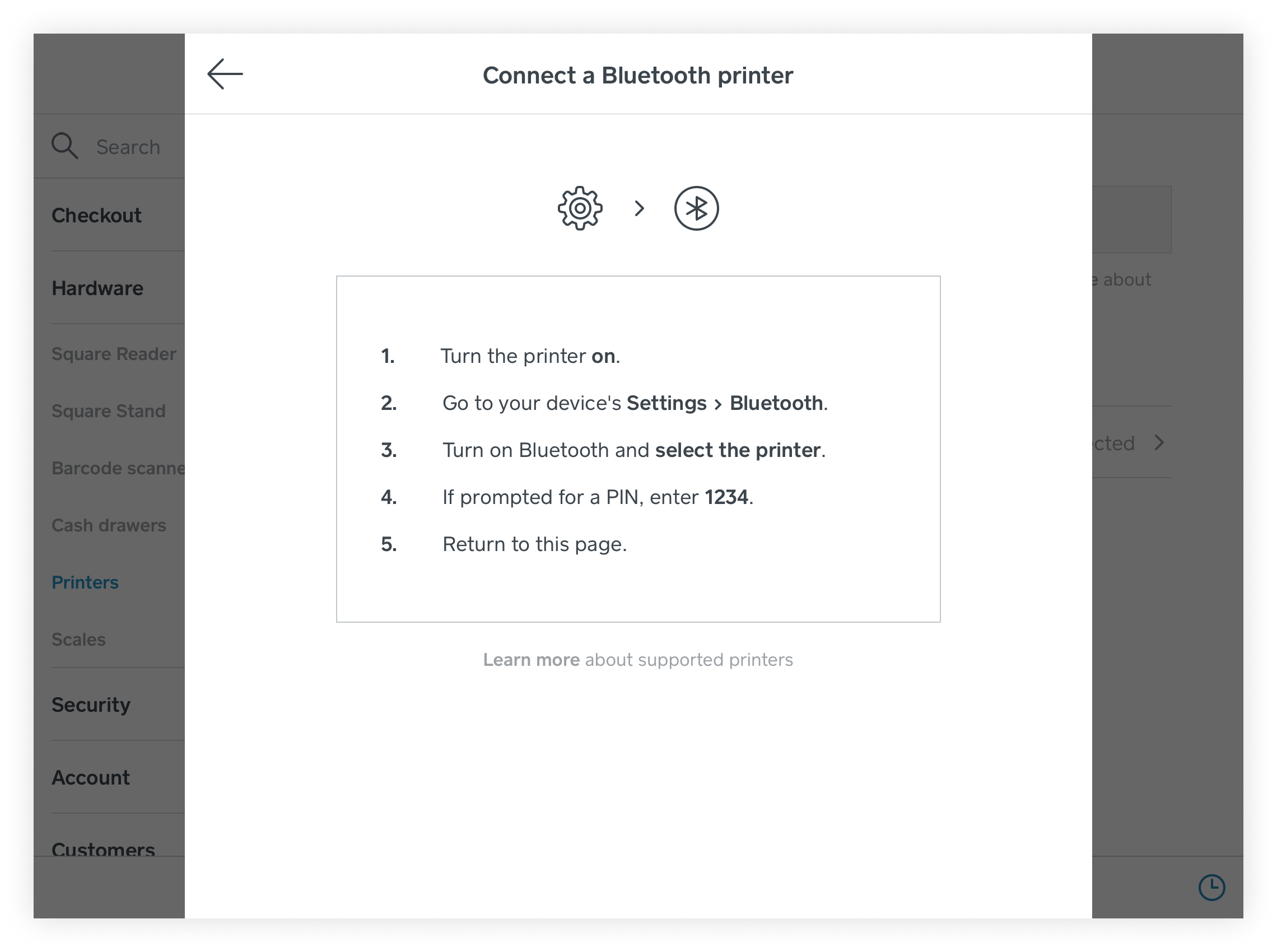 Connect Printer: Turn on printer, Navigate to bluetooth settings on iPad, select Star Micronics, enter PIN number of 1234