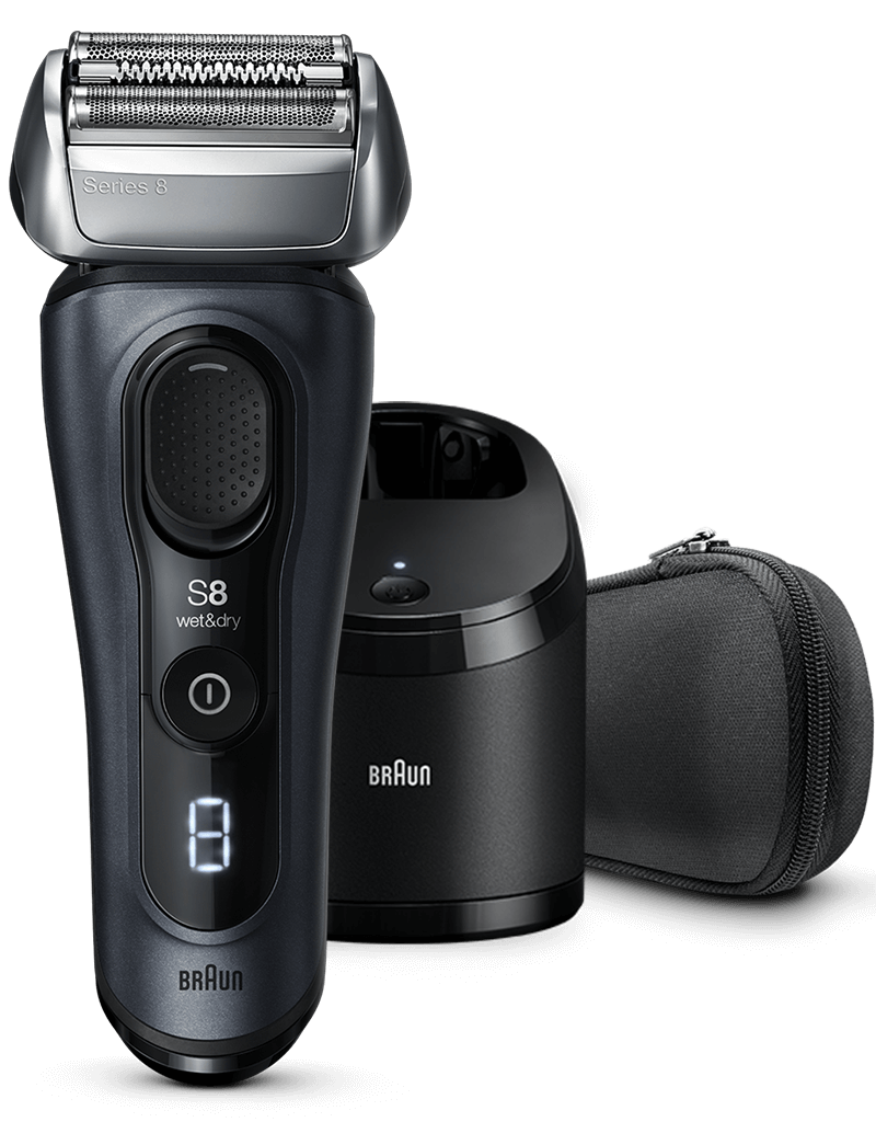 Series 8 8410s Wet & Dry shaver with charging stand and travel case, black.