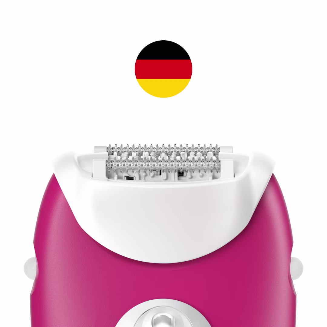 Close-up on epilator head with German flag in a circle above head.