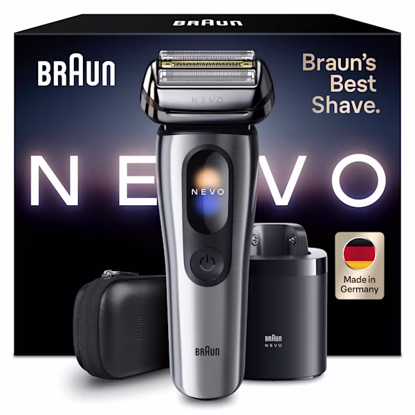 ماكينة حلاقة براون NEVO 15000c مع حقيبة سفر قماشية، ونظام العناية 7in1 NEVO Care System، ورأس حلاقة إضافي.
