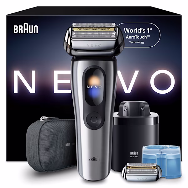 ماكينة حلاقة براون NEVO 11500c مع حقيبة سفر قماشية، ونظام العناية 7in1 NEVO Care System، ورأس حلاقة إضافي.