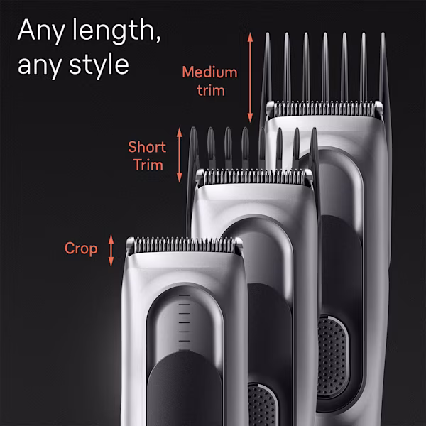 Hair clipper head with and without comb, arrows indicating lengths Hair clipper head with and without comb, arrows indicating lengths