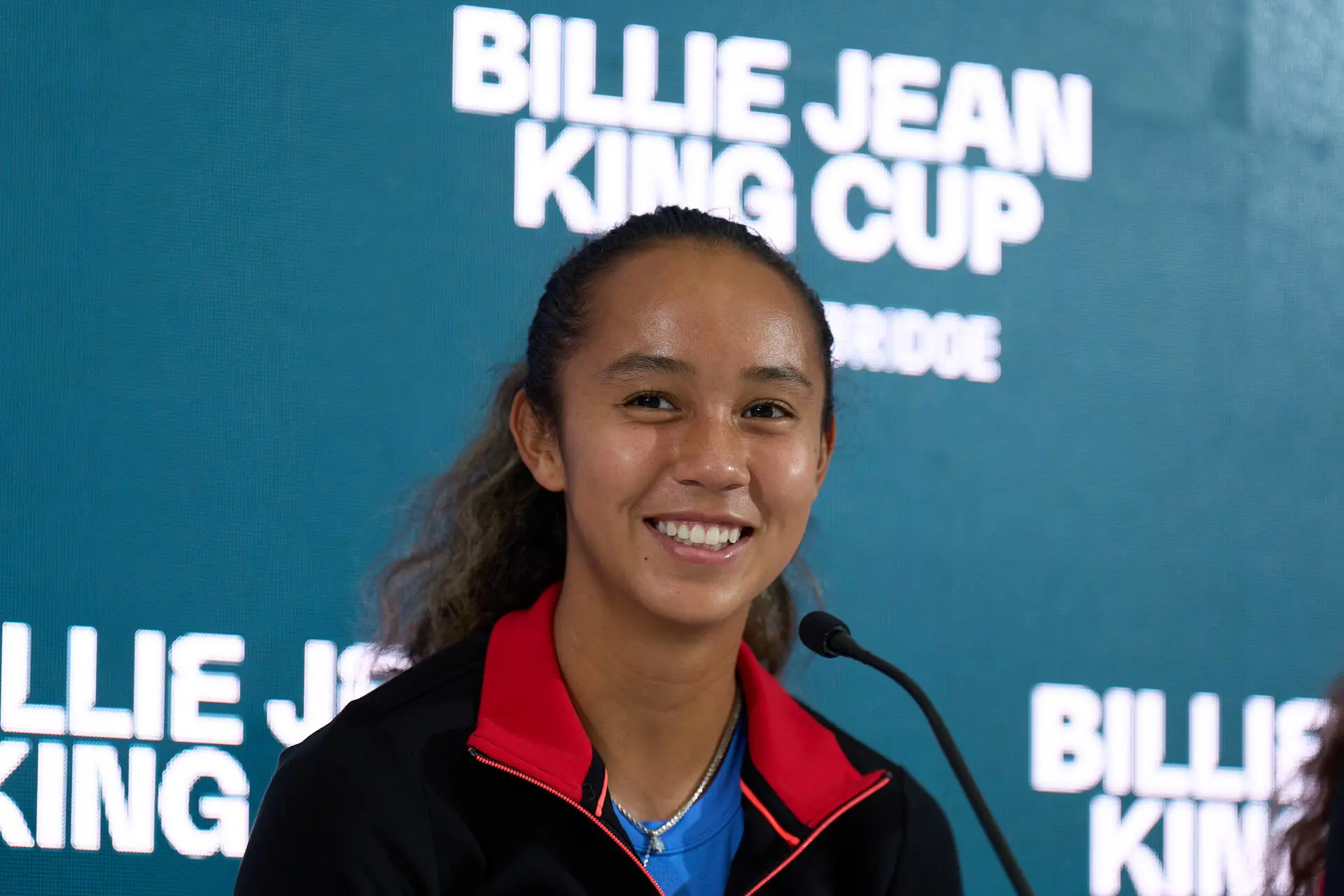 Canada's Leylah Fernandez during a press conference at the 2024 Billie Jean King Cup by Gainbridge Finals in Malaga.