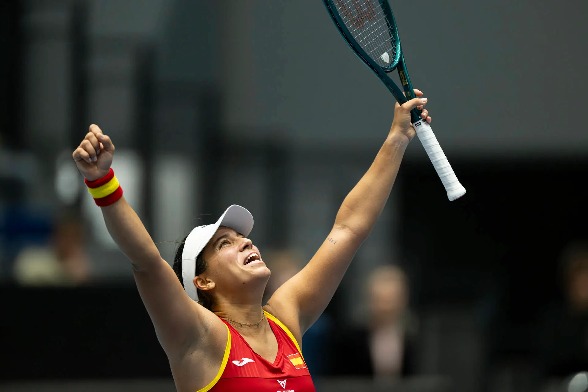 Jessica Bouzas Maneiro celebrates beating Beatriz Haddad Maia