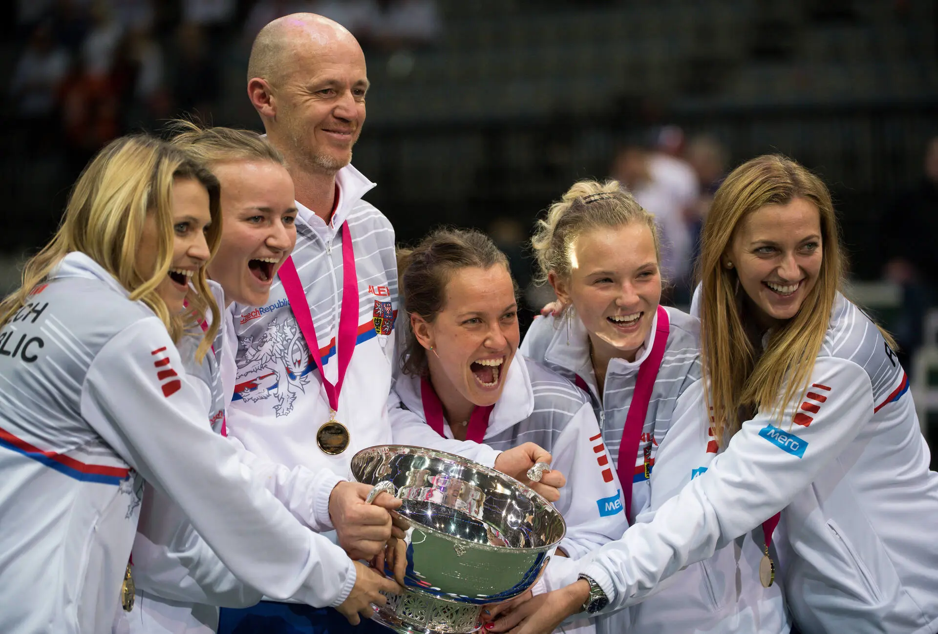 The winning Czech team at the 2018 Final in Prague. Lucie Safarova, Katerina Siniakova, Barbora Strycova, Petra Kvitova, Barbora Krejcikova and captain Petr Pala.