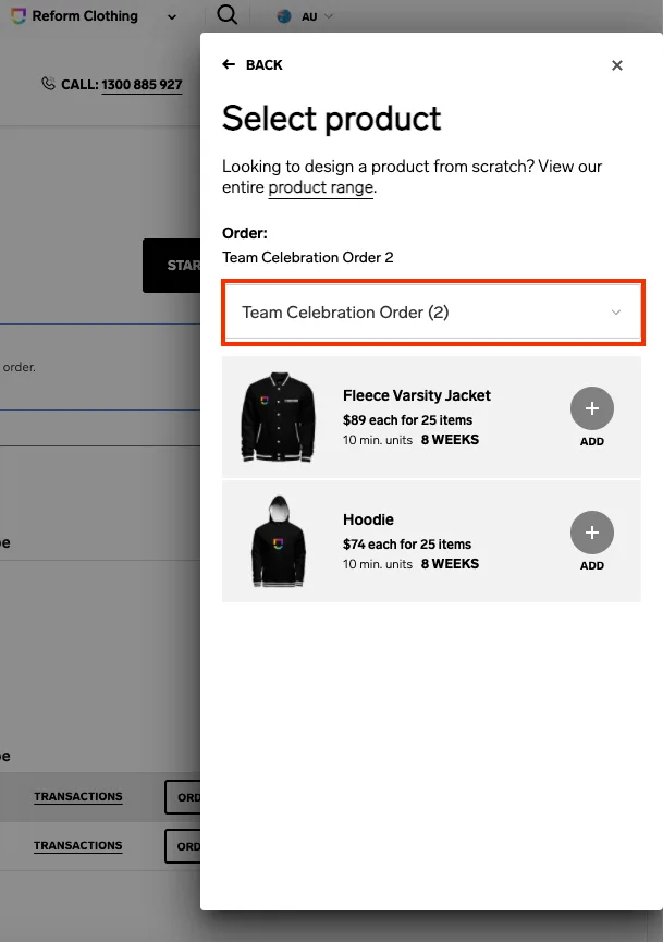 Start an order product selection process. Location of the "Past orders" product selection.